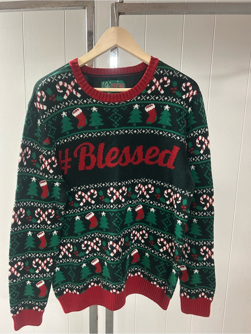 UGLY CHRISTMAS SWEATER #Blessed Green & Red Holiday Sweater large